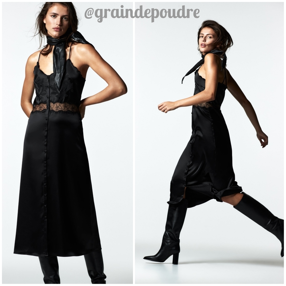 Zara Black Satin Midi Dress with Lace Waist
